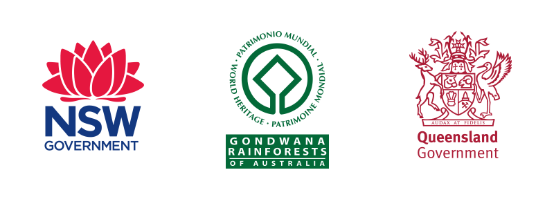 Logos for New South Wales Government; Gondwana Rainforests of Australia; Queensland Government